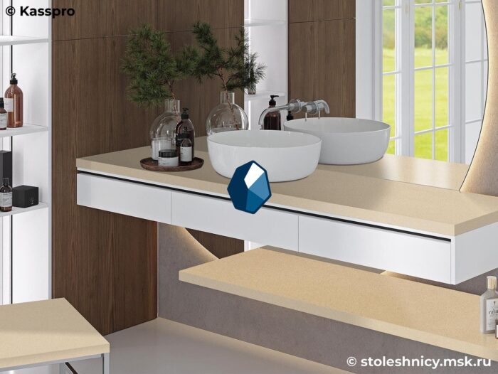 avant-quartz-1101-chantilly-vannaya1-photo-01 Бежевая столешница в ванную из однотонного кварцевого агломерата фото