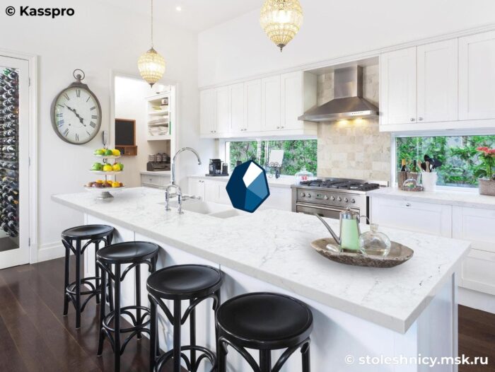 avant-quartz-7200-aquitaine-blanca-kuhnya1-photo-01 Белая столешница из глянцевого кварцевого агломерата для кухни фото