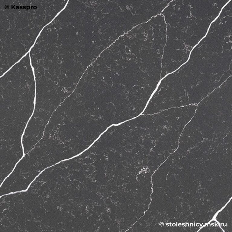 Столешница из кварца для кухни под антрацитовый мрамор с мойкой фото