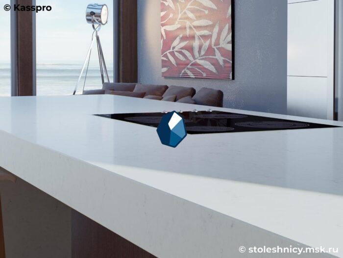 caesarstone-5141-frosty-carrina-kuhnya1-photo-01 Длинная белая столешница из кварцевого агломерата для кухни с мойкой фото