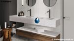 Маленькая светлая столешница в ванную из акрилового камня в крапинку фото