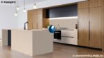 Угловая бежевая акриловая столешница для кухни с фартуком фото