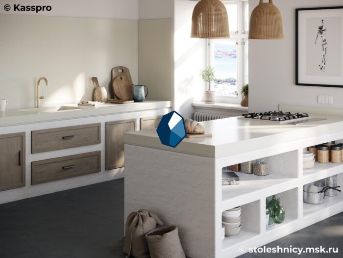silestone-faro-white-kuhnya2-photo-01 Однотонная столешница светло-бежевого цвета фото