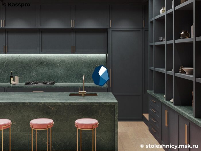 silestone-jardin-emerald-kuhnya1-photo-01 Кварцевая столешница для кухни под зеленый мрамор с фартуком фото