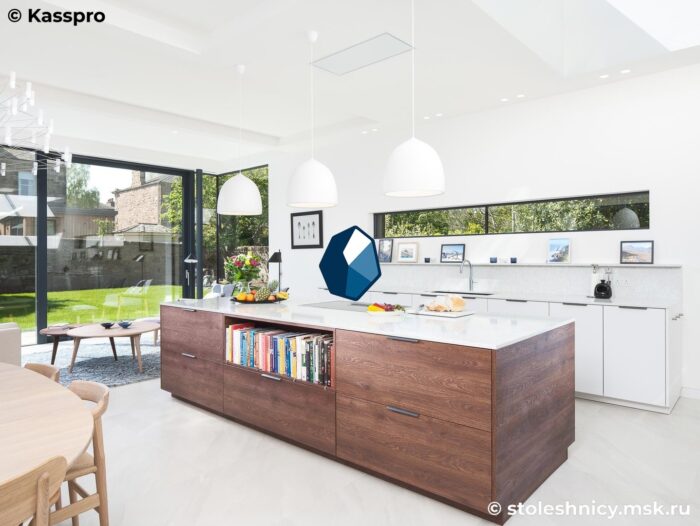 silestone-lusso-kuhnya1-photo-01 Белая столешница из кварцевого агломерата с островом и мойкой фото