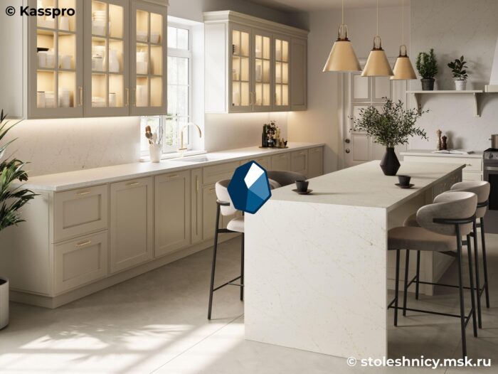 silestone-persian-white-kuhnya1-photo-01 Белая столешница из кварцевого агломерата под мрамор с панелью фото