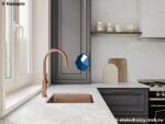 Белая интегрированная кварцевая столешница для кухни с фартуком фото