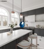 Белая интегрированная кварцевая столешница для кухни с фартуком фото