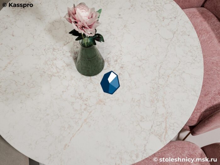 silestone-riviere-rose-stol-photo-01 Круглый белый глянцевый стол со столешницей из кварца фото