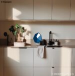 Бежевая столешница из кварца с бортиком и мойкой на кухню фото