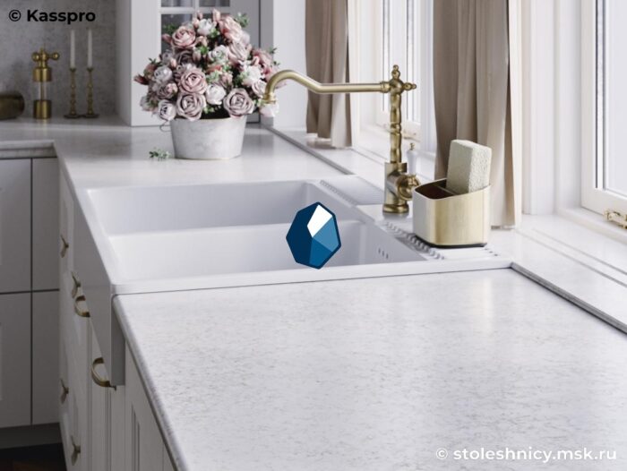 technistone-country-rose-kuhnya2-photo-01 Длинная белая столешница из кварцевого агломерата для кухни с бортиком фото