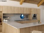 Белая п-образная столешница из кварцевого агломерата для кухни фото