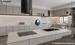 Светлая мраморная кухонная столешница с мойкой из кварца фото