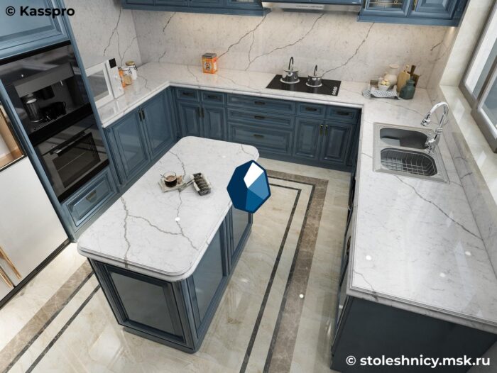 vicostone-bq8788-kuhnya2-photo-01 П-образная кухонная столешница из кварца под белый мрамор фото