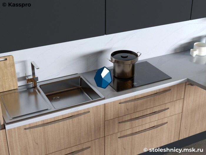 vicostone-bq8800-kuhnya2-photo-01 Кварцевая столешница для кухни под белый мрамор с бортиком фото