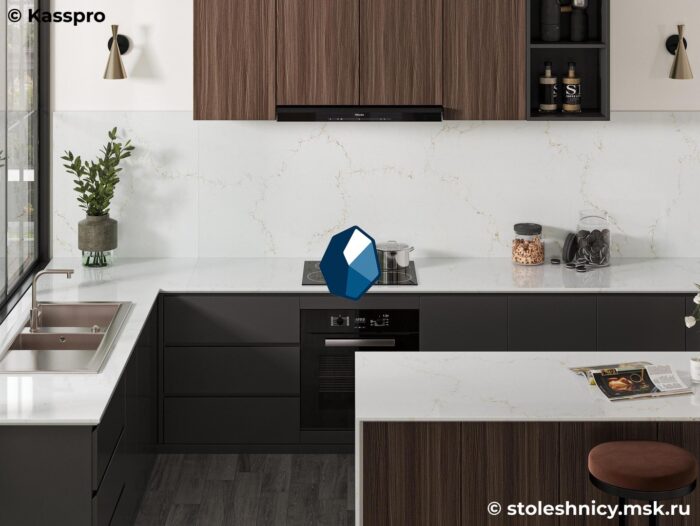 vicostone-bq8820-kuhnya2-photo-01 Угловая белая столешница из кварца для кухни под мрамор фото