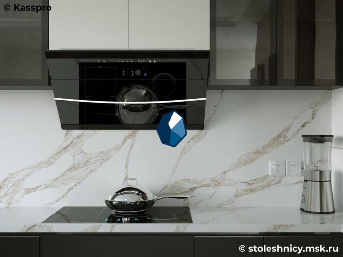 vicostone-bq8918-kuhnya1-photo-01 Угловая бело-бежевая кухонная столешница из кварца с прожилками фото