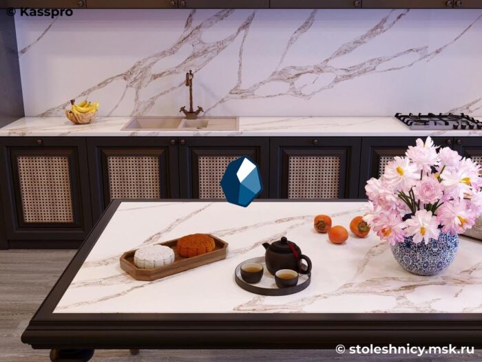 vicostone-bq8918-kuhnya2-photo-01 Бело-бежевая столешница из кварца для кухни с фартуком и мойкой фото